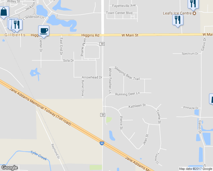 map of restaurants, bars, coffee shops, grocery stores, and more near 206 White Feather Lane in Gilberts
