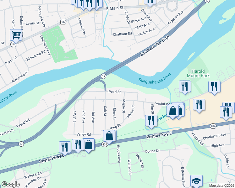 map of restaurants, bars, coffee shops, grocery stores, and more near 1804 Pearl Street in Vestal