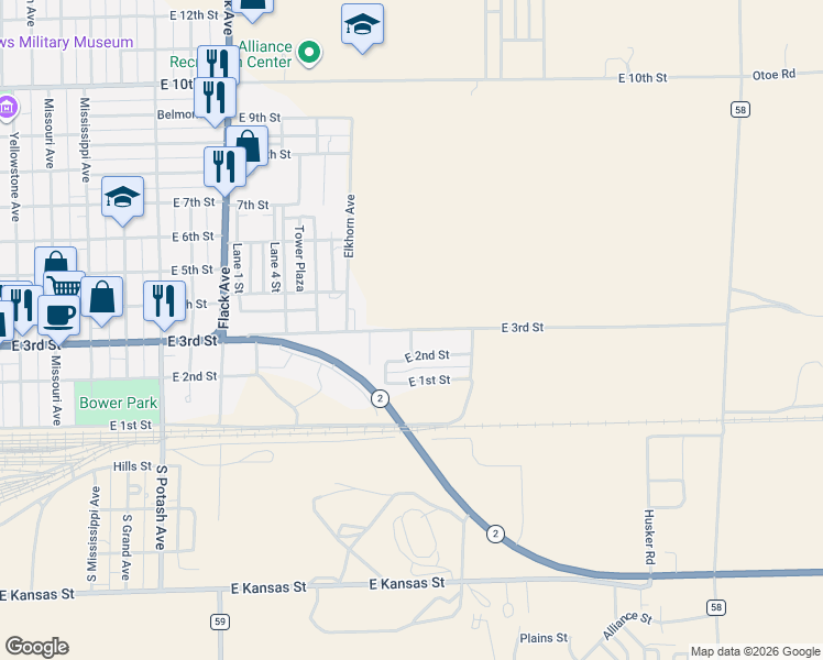 map of restaurants, bars, coffee shops, grocery stores, and more near 1401 East 3rd Street in Alliance