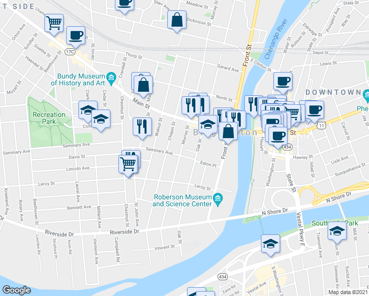 map of restaurants, bars, coffee shops, grocery stores, and more near 98 Murray Street in Binghamton