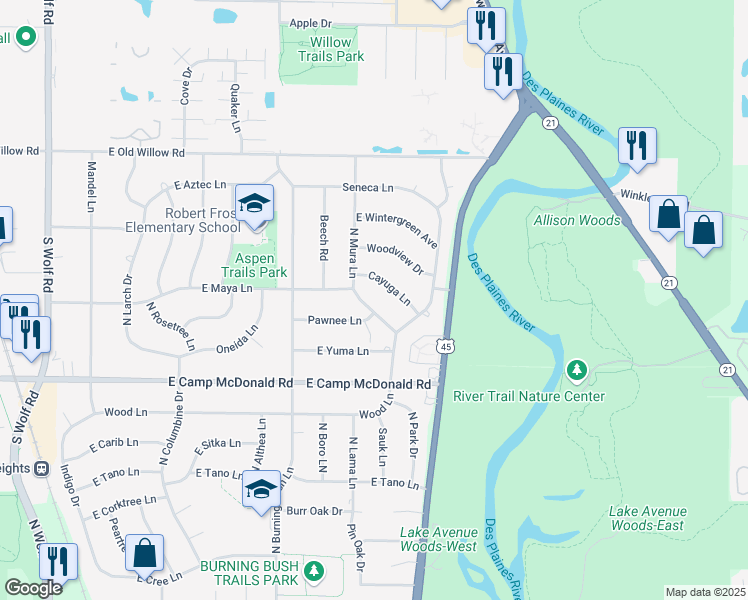 map of restaurants, bars, coffee shops, grocery stores, and more near 1517 North Mura Lane in Mount Prospect
