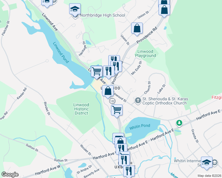 map of restaurants, bars, coffee shops, grocery stores, and more near 4 Providence Road in Uxbridge