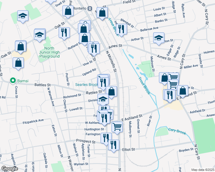 map of restaurants, bars, coffee shops, grocery stores, and more near 34 East Main Street in Brockton