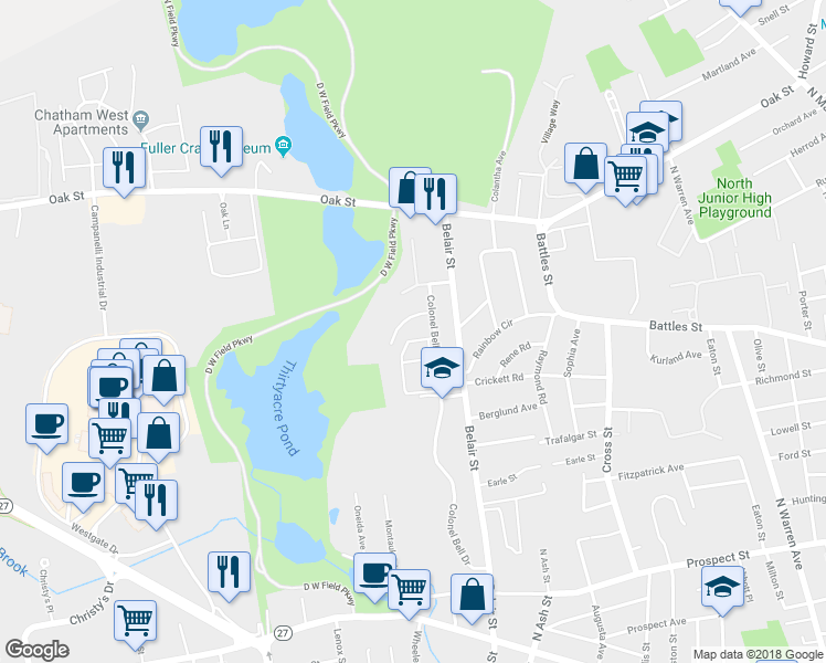 map of restaurants, bars, coffee shops, grocery stores, and more near 214 Colonel Bell Drive in Brockton
