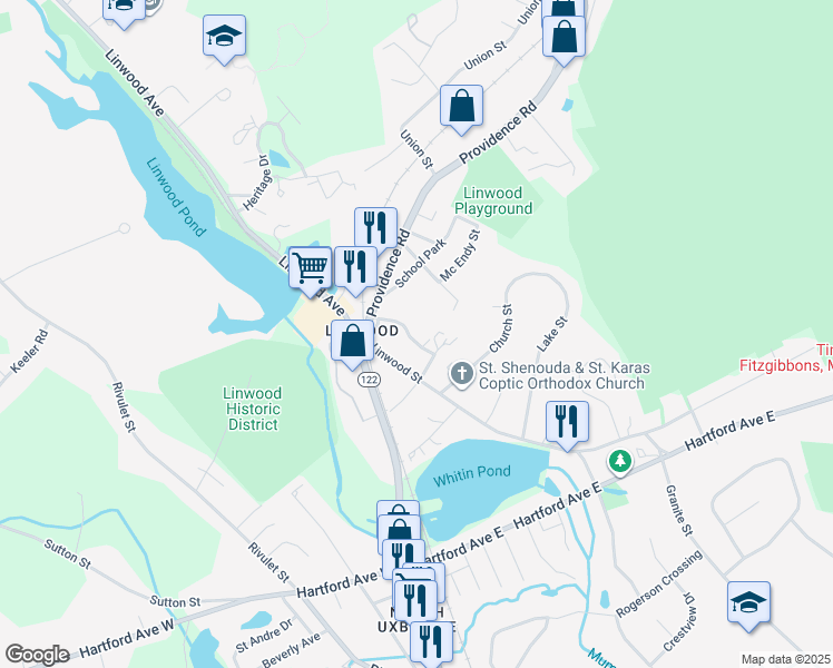 map of restaurants, bars, coffee shops, grocery stores, and more near 17 Highland Park in Uxbridge
