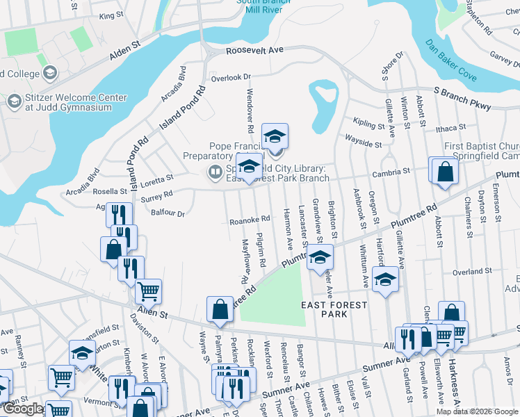 map of restaurants, bars, coffee shops, grocery stores, and more near 100 Roanoke Road in Springfield