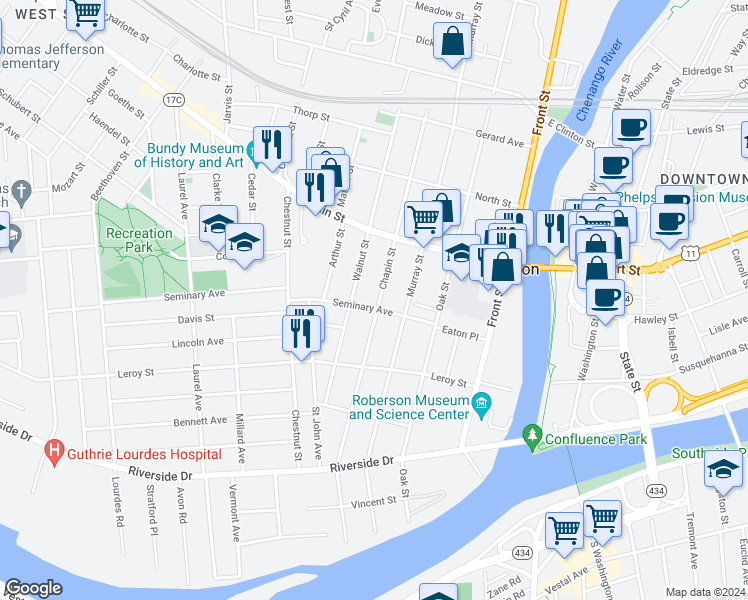 map of restaurants, bars, coffee shops, grocery stores, and more near 22 Seminary Avenue in Binghamton