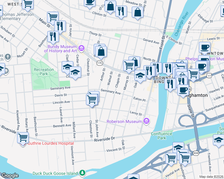 map of restaurants, bars, coffee shops, grocery stores, and more near 33 Seminary Avenue in Binghamton
