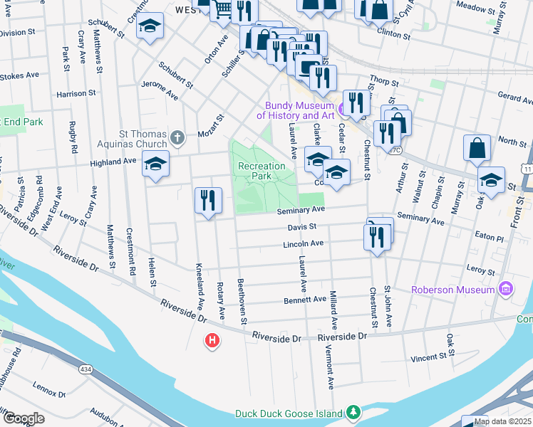 map of restaurants, bars, coffee shops, grocery stores, and more near 121 Seminary Avenue in Binghamton