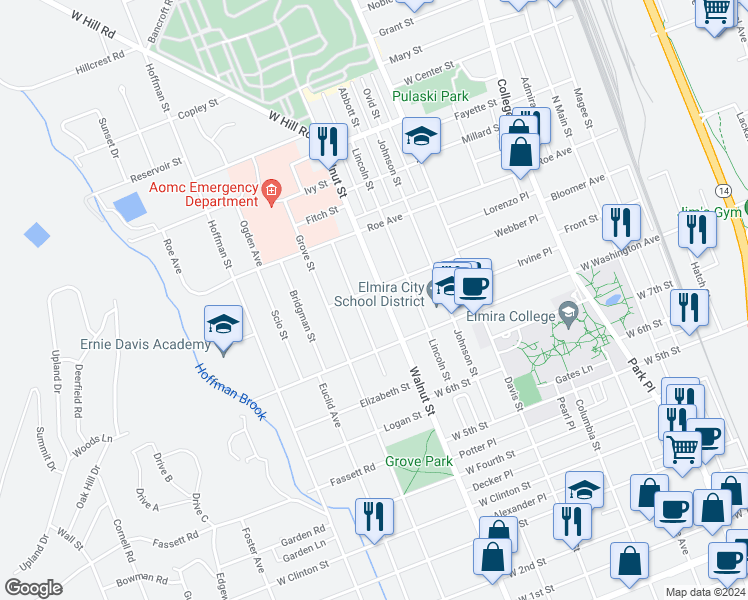 map of restaurants, bars, coffee shops, grocery stores, and more near 918 Farnham St in Elmira