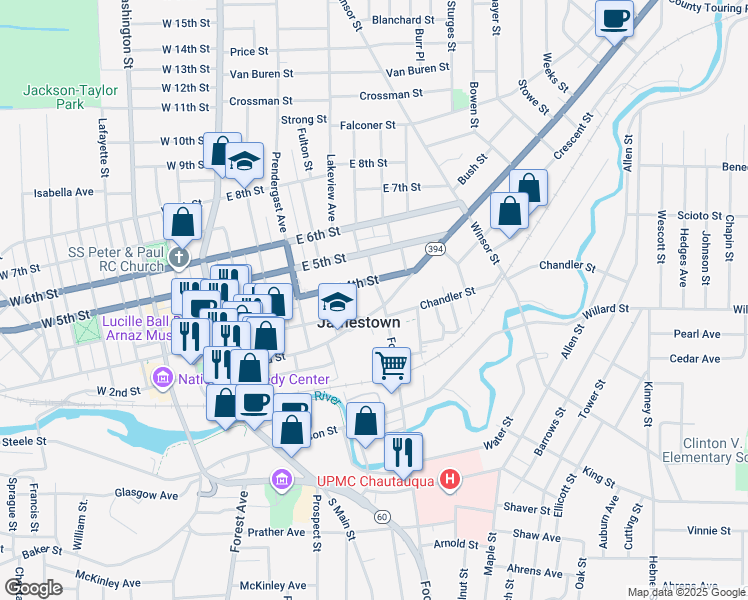 map of restaurants, bars, coffee shops, grocery stores, and more near 421 Foote Avenue in Jamestown