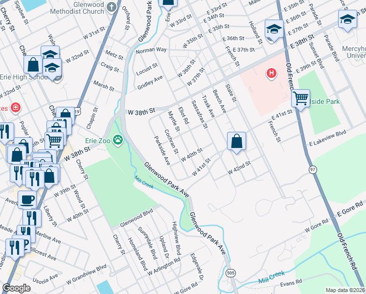 map of restaurants, bars, coffee shops, grocery stores, and more near 3920 Cochran St in Erie