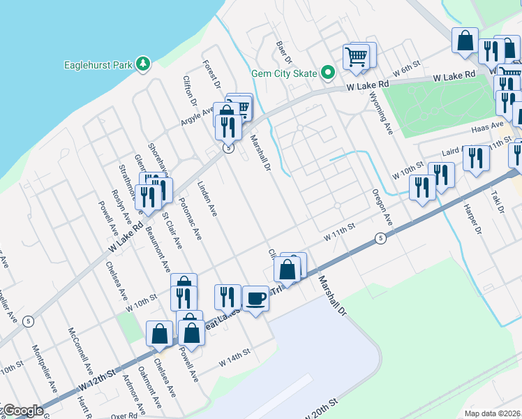map of restaurants, bars, coffee shops, grocery stores, and more near 908 Marshall Dr in Erie
