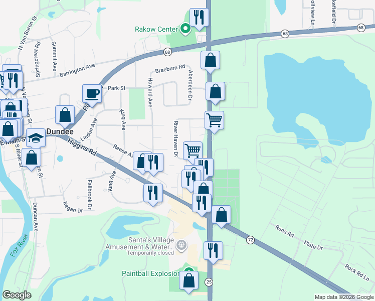 map of restaurants, bars, coffee shops, grocery stores, and more near 251 River Haven Drive in East Dundee