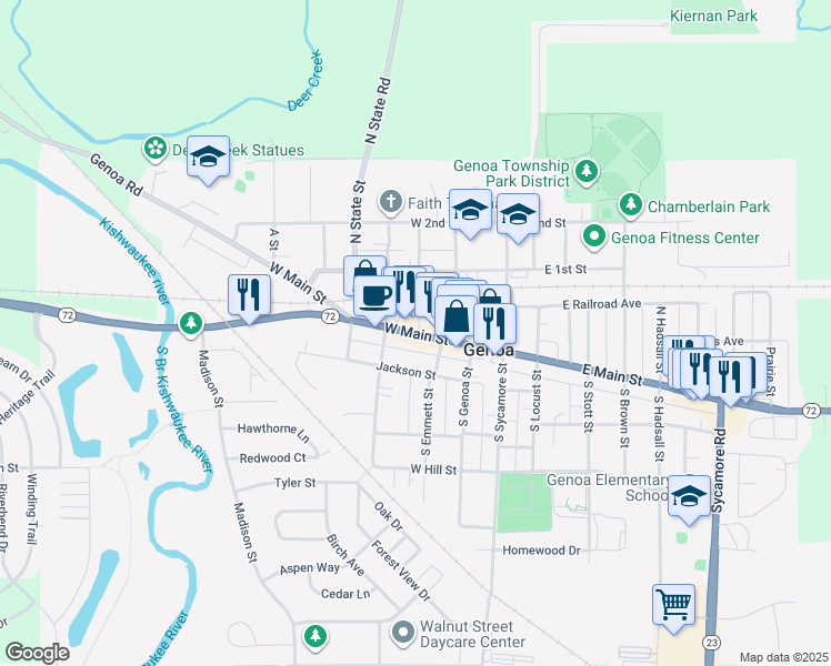 map of restaurants, bars, coffee shops, grocery stores, and more near 310 West Main Street in Genoa