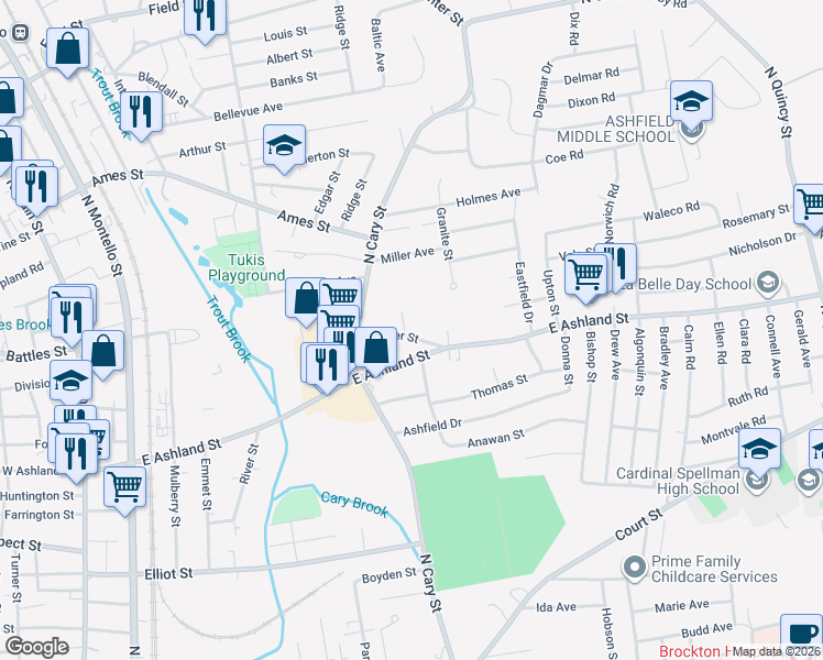 map of restaurants, bars, coffee shops, grocery stores, and more near 46 Thayer Street in Brockton