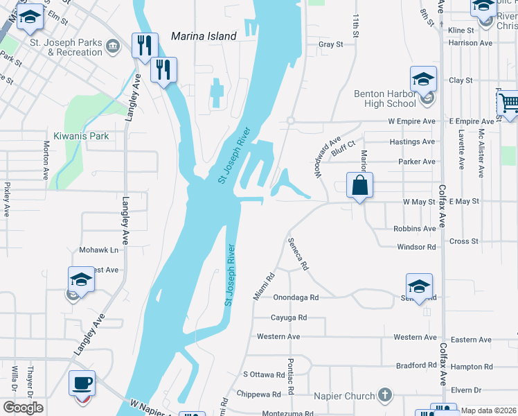 map of restaurants, bars, coffee shops, grocery stores, and more near 1140 Miami Road in Benton Harbor