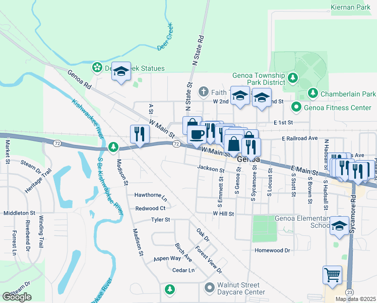 map of restaurants, bars, coffee shops, grocery stores, and more near 540 West Main Street in Genoa