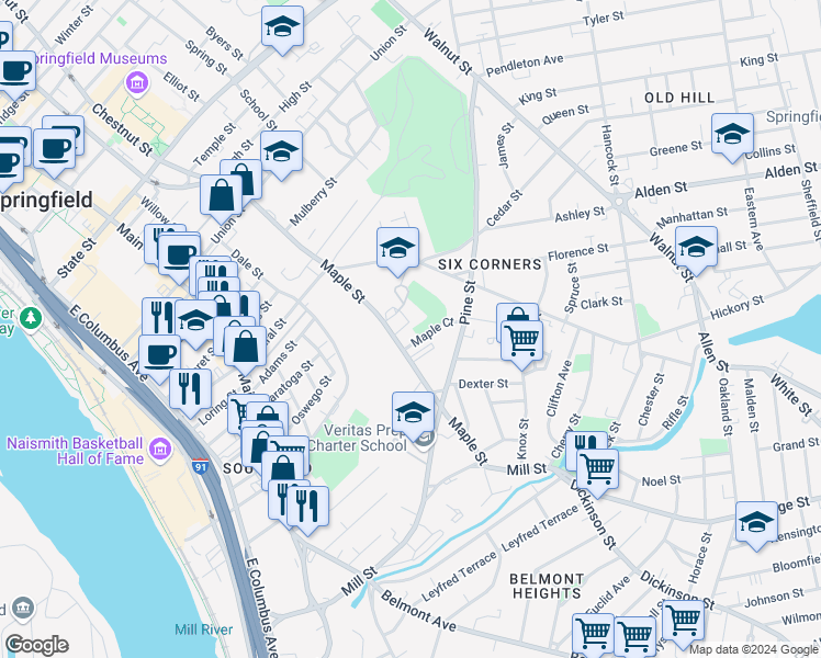 map of restaurants, bars, coffee shops, grocery stores, and more near 275 Maple Street in Springfield