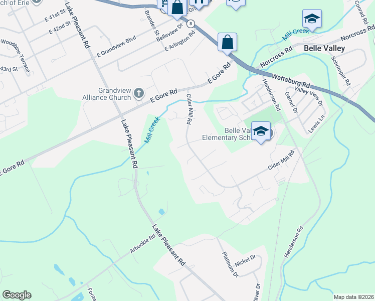 map of restaurants, bars, coffee shops, grocery stores, and more near 5183 Cider Mill Road in Erie