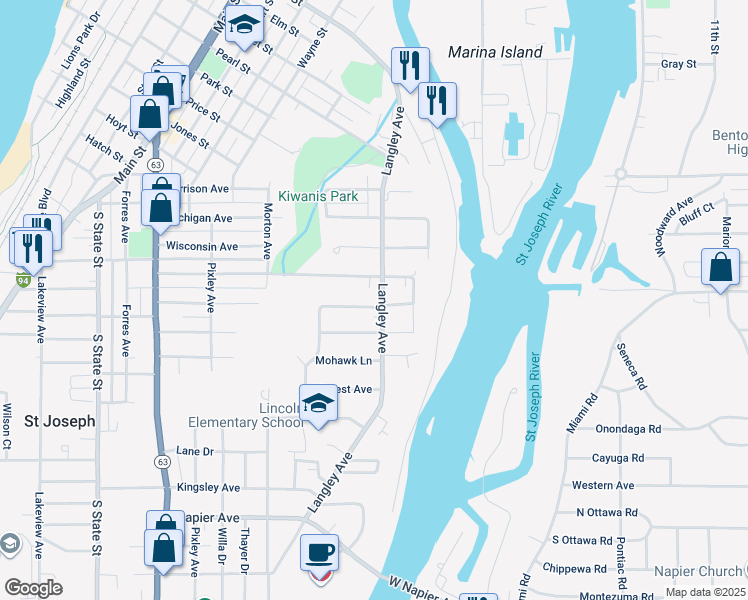 map of restaurants, bars, coffee shops, grocery stores, and more near 1328 Lewis Avenue in St. Joseph