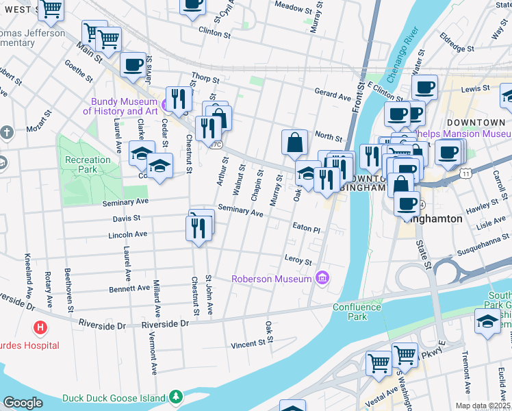 map of restaurants, bars, coffee shops, grocery stores, and more near 21 Seminary Avenue in Binghamton