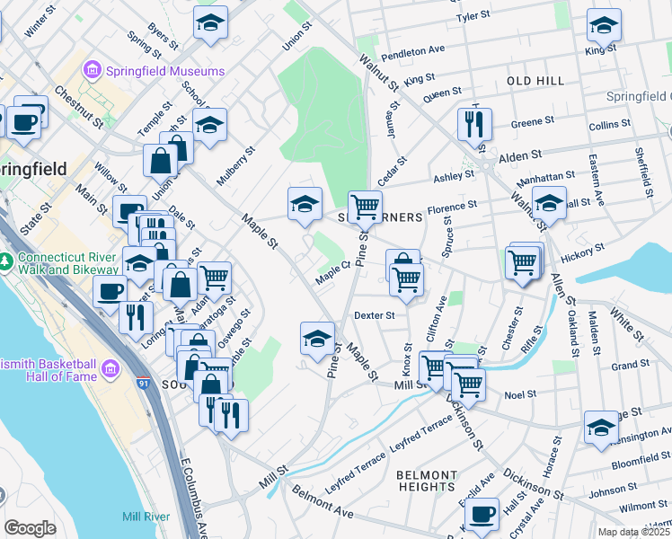 map of restaurants, bars, coffee shops, grocery stores, and more near Maple Court in Springfield