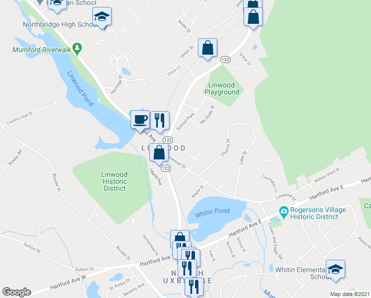 map of restaurants, bars, coffee shops, grocery stores, and more near 17 Highland Park in Uxbridge