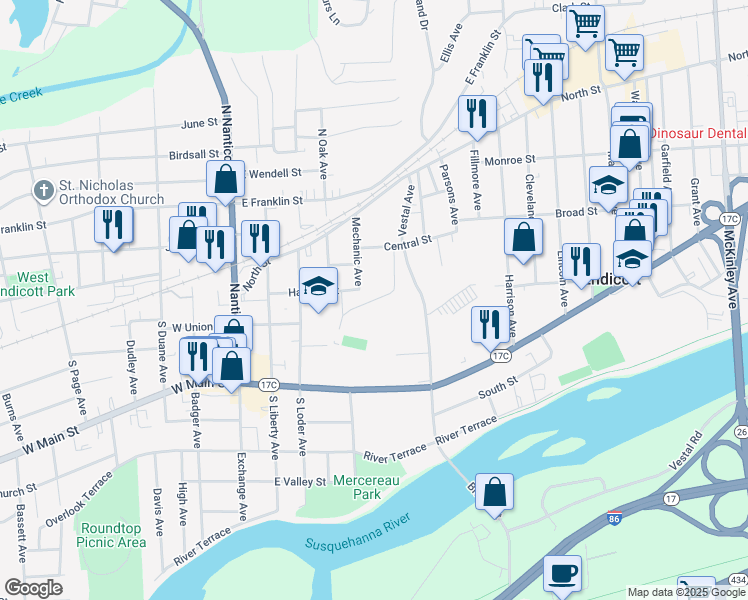 map of restaurants, bars, coffee shops, grocery stores, and more near Andrews Avenue in Endicott
