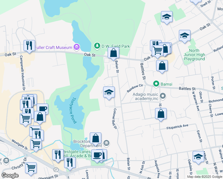 map of restaurants, bars, coffee shops, grocery stores, and more near 214 Colonel Bell Drive in Brockton