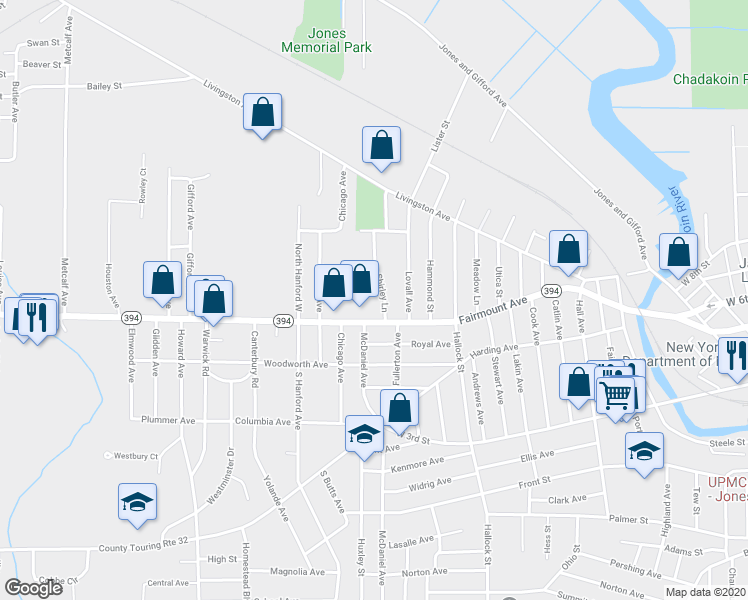 map of restaurants, bars, coffee shops, grocery stores, and more near 7 Shirley Lane in Jamestown