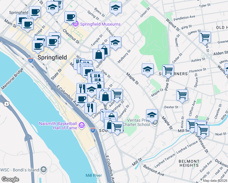 map of restaurants, bars, coffee shops, grocery stores, and more near 49 Central Street in Springfield