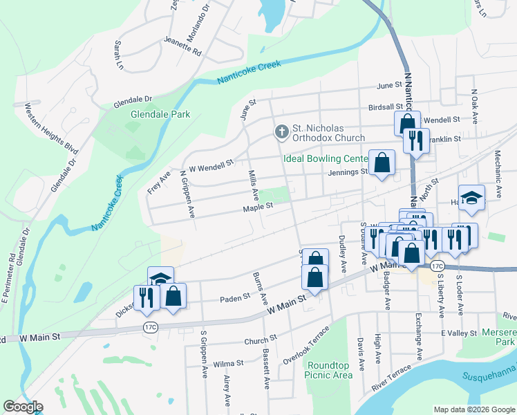 map of restaurants, bars, coffee shops, grocery stores, and more near 99 Mills Avenue in Endicott