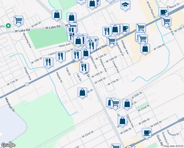 map of restaurants, bars, coffee shops, grocery stores, and more near 1415 Peninsula Drive in Erie