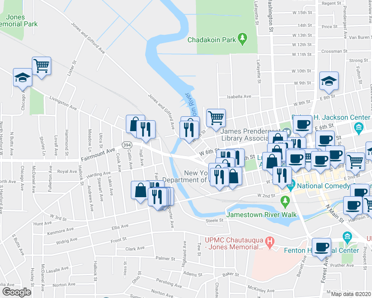 map of restaurants, bars, coffee shops, grocery stores, and more near 100 Fairmount Avenue in Jamestown