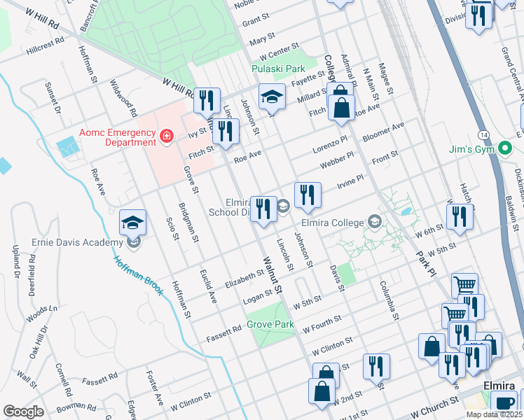 map of restaurants, bars, coffee shops, grocery stores, and more near 923 Lincoln Street in Elmira