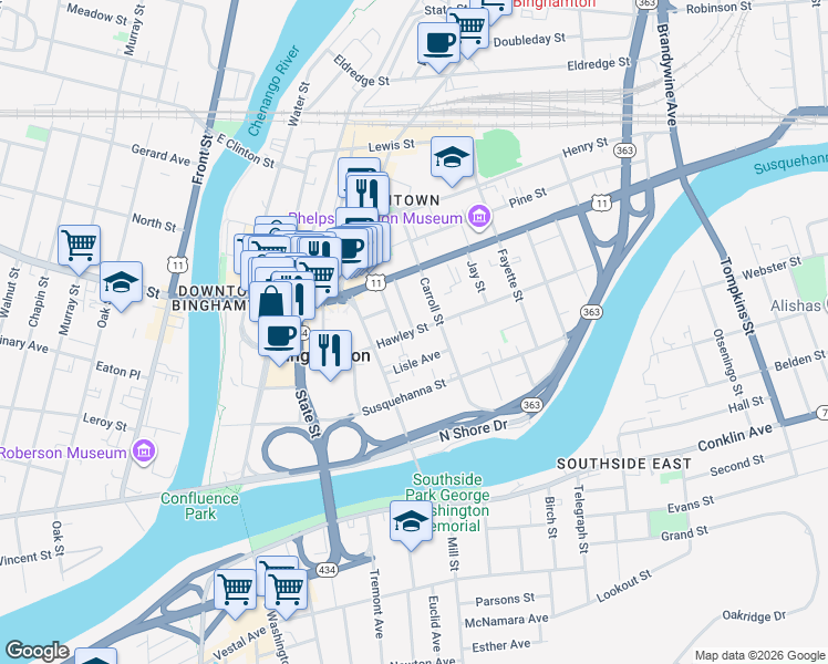 map of restaurants, bars, coffee shops, grocery stores, and more near Hawley Street in Binghamton