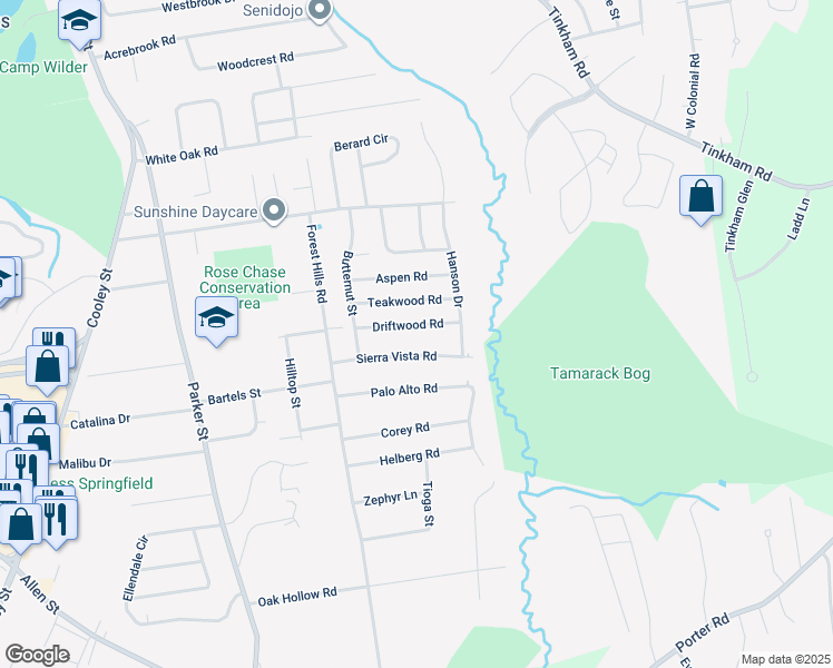map of restaurants, bars, coffee shops, grocery stores, and more near 96 Sierra Vista Road in Springfield