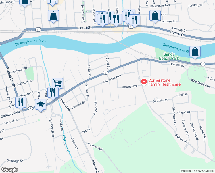 map of restaurants, bars, coffee shops, grocery stores, and more near 19 Medford Street in Binghamton