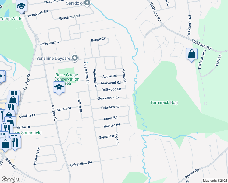 map of restaurants, bars, coffee shops, grocery stores, and more near 96 Sierra Vista Road in Springfield