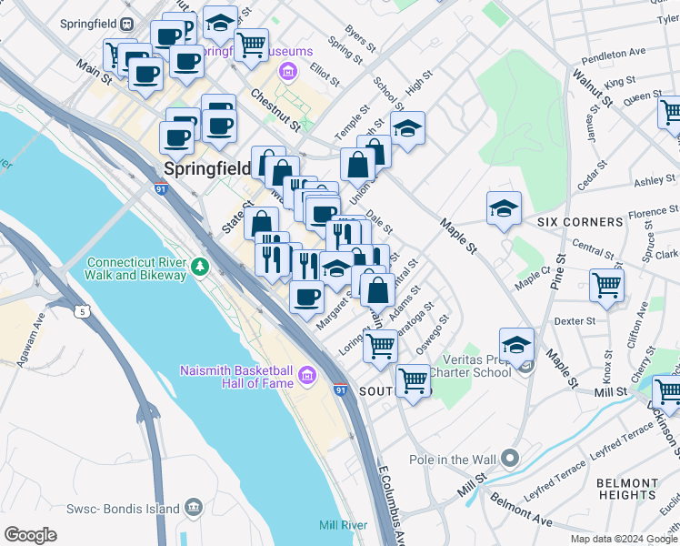 map of restaurants, bars, coffee shops, grocery stores, and more near 123 William Street in Springfield