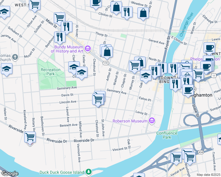 map of restaurants, bars, coffee shops, grocery stores, and more near 33 Seminary Avenue in Binghamton