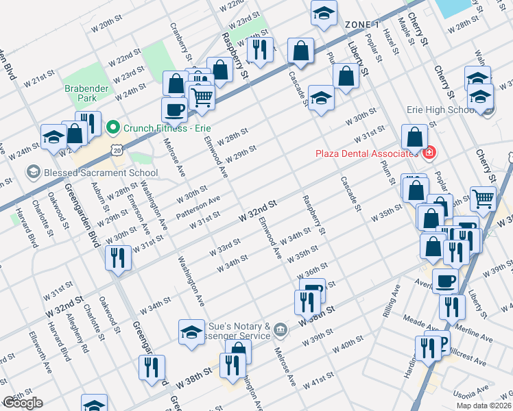 map of restaurants, bars, coffee shops, grocery stores, and more near in Erie