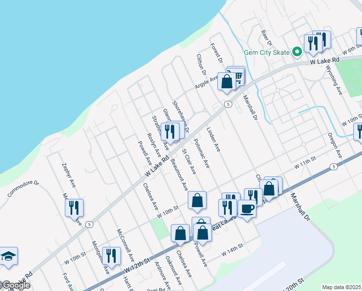 map of restaurants, bars, coffee shops, grocery stores, and more near 3718-3720 W Lake Rd in Erie