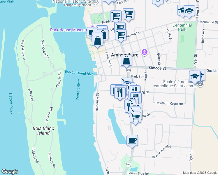 map of restaurants, bars, coffee shops, grocery stores, and more near in Amherstburg