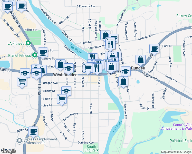map of restaurants, bars, coffee shops, grocery stores, and more near 118 South 1st Street in West Dundee