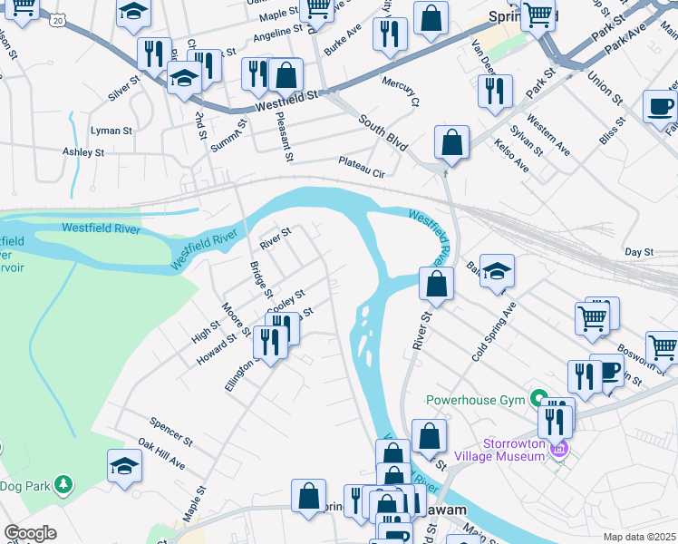 map of restaurants, bars, coffee shops, grocery stores, and more near 25 Cooley Street in Agawam