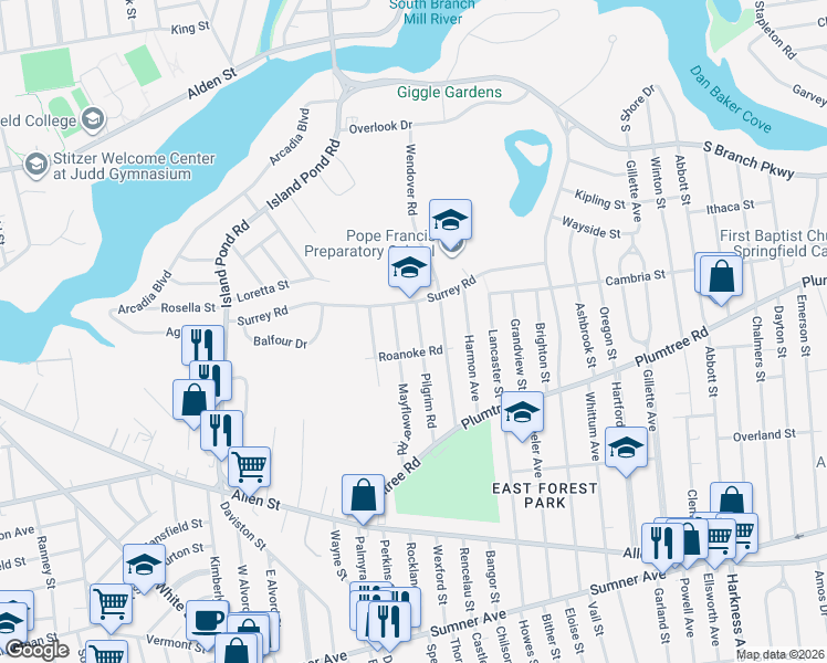 map of restaurants, bars, coffee shops, grocery stores, and more near 100 Roanoke Road in Springfield