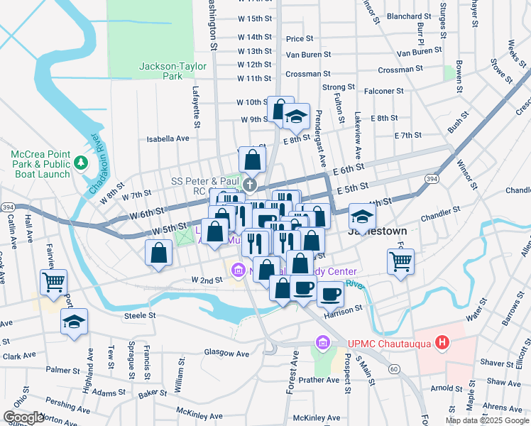 map of restaurants, bars, coffee shops, grocery stores, and more near 401 North Main Street in Jamestown