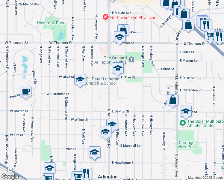 map of restaurants, bars, coffee shops, grocery stores, and more near 1208 North Pine Avenue in Arlington Heights